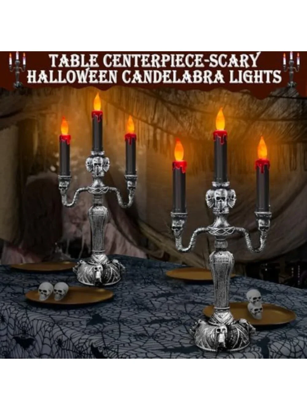 Extra Large 2-Pack LED Flameless Candelabra Halloween Candle Holders - Spooky